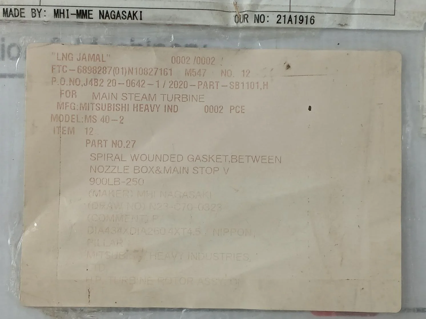 Mitsubishi 900Lb-250A Spiral Wound Gasket Ms 40-2 - Image 4